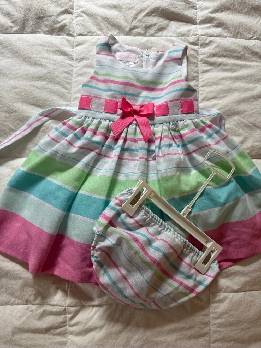 Bonnie Baby Pastel Striped Dress with Pink Bow and Matching Diaper Cover